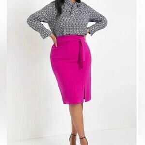 Eloquii Women's Skirt dark pink belt tied office feminine knee length plus size